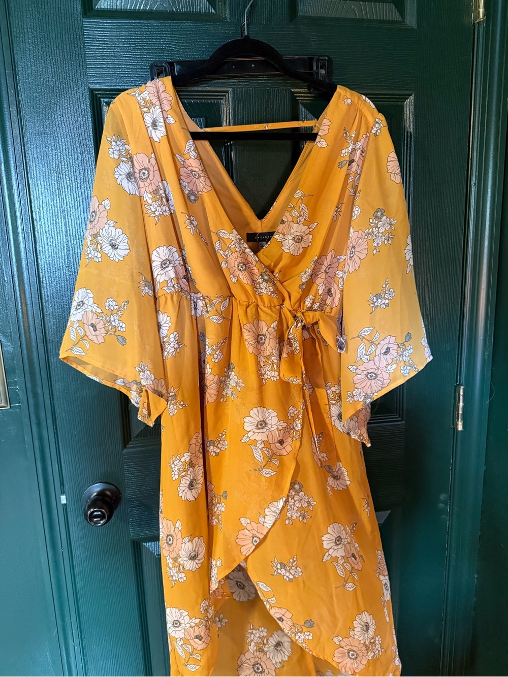 Floral Wrap Midi Dress in Mustard Yellow